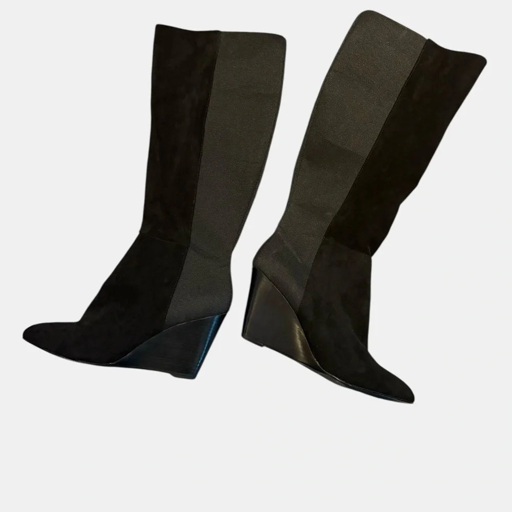 Charles By Charles David Easel Knee-High Black Velvet Pointy-Toe Wedge Boots